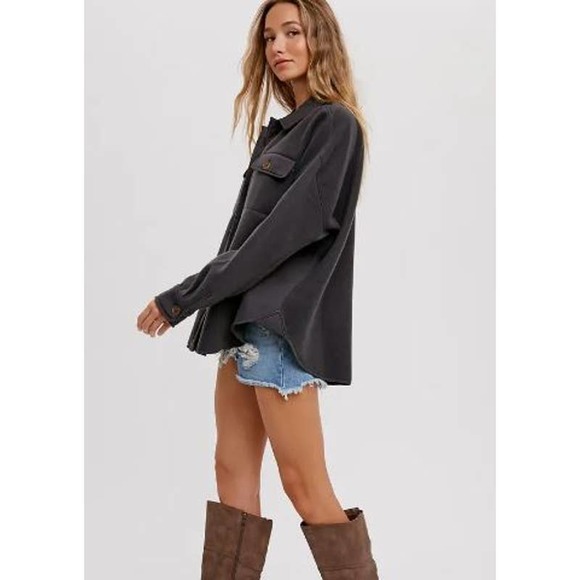 Smoke Grey Brushed Terry Button Up Front Pockets Shacket - Picture 3 of 5